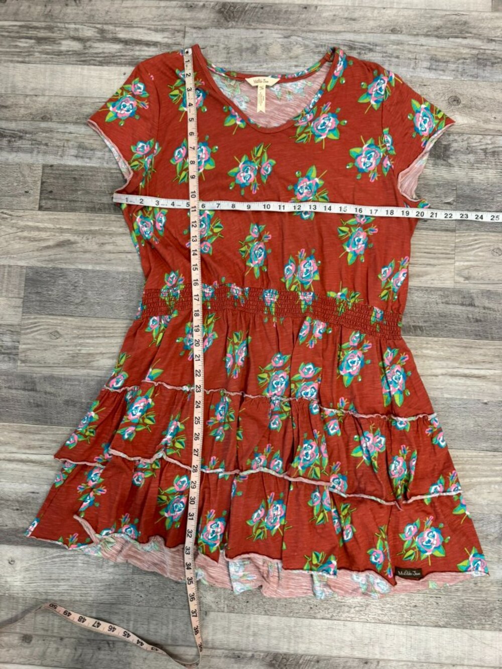 Matilda Jane Rust Color Floral Defined Waist Tiered Dress Size XL Knit F48 - Picture 3 of 4